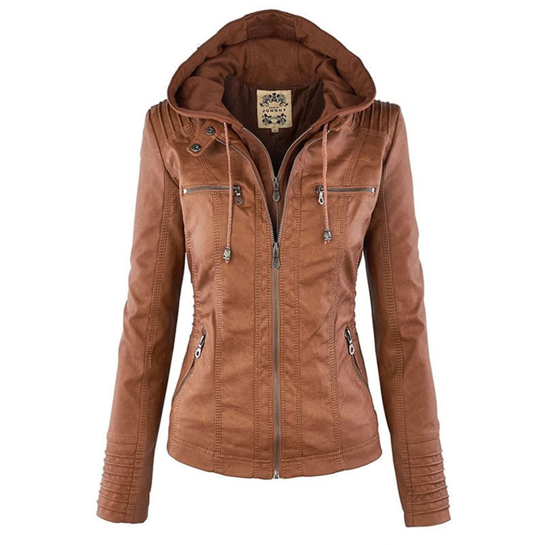 Drune - Damen lässige Lederjacke mit Kapuze