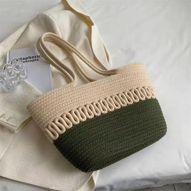 Drune - Damen Schultertasche mit großer Kapazität handgefertigt aus Strick-Kit-Stoff und Stroh