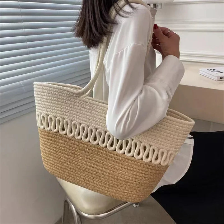 Drune - Damen Schultertasche mit großer Kapazität handgefertigt aus Strick-Kit-Stoff und Stroh