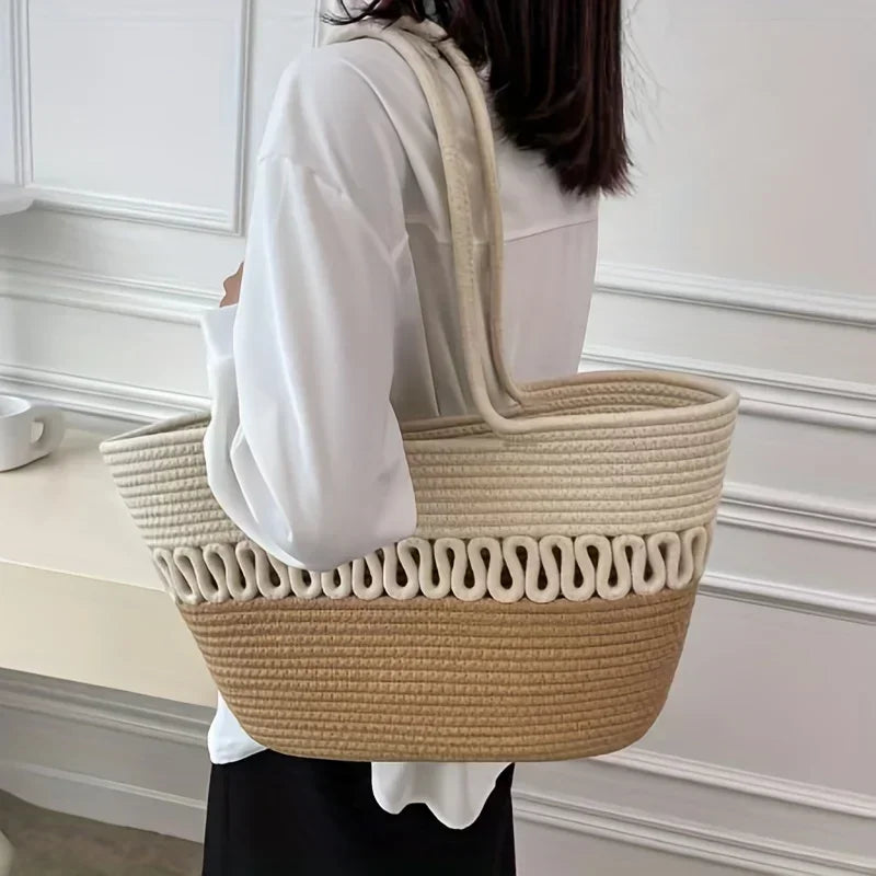 Drune - Damen Schultertasche mit großer Kapazität handgefertigt aus Strick-Kit-Stoff und Stroh