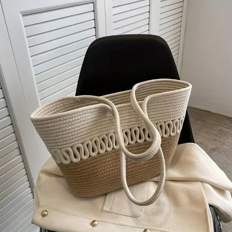 Drune - Damen Schultertasche mit großer Kapazität handgefertigt aus Strick-Kit-Stoff und Stroh