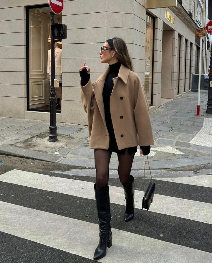 Drune | Wollmantel Einreiher Lässige Passform Übergröße Wollmantel Wolltrenchcoat Frauen