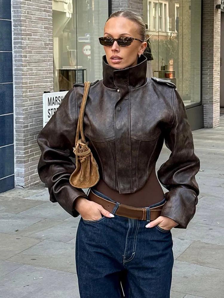 Drune | Kunstlederjacke - Modische cropped Bikerjacke mit Ballonärmeln & stilvollem Design
