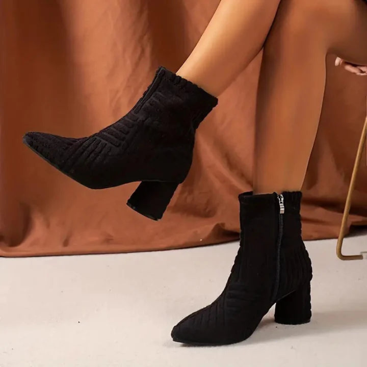 Absatzstiefel - Damen Stiefeletten mit Blockabsatz und spitzer Zehe Drune