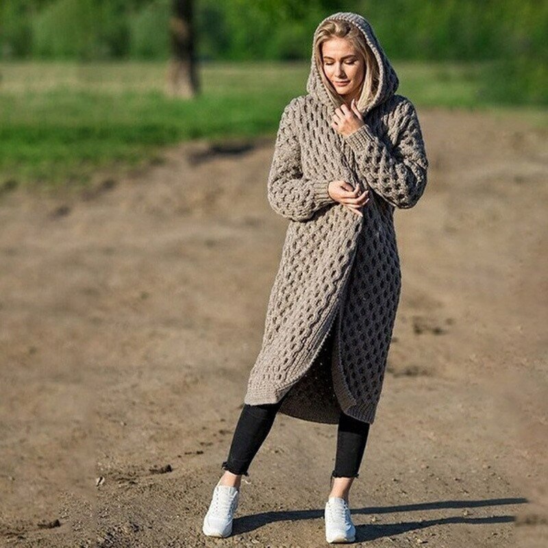Drune | Kleid Offen, Warm, Gestrickte Damenjacke mit Kapuze