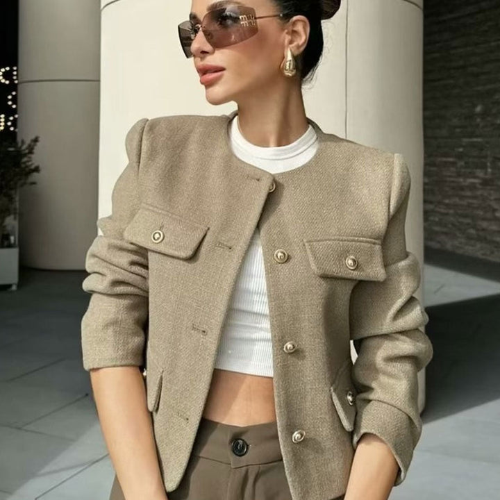 Drune | Damen Elegante Bomberjacke mit Knopfverschluss und Brusttaschen