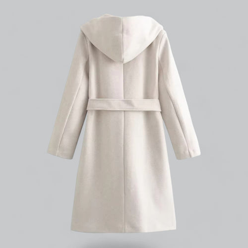 Drune | Damen Woll Winterjacke mit Kapuze und Gürtel im knielangen Stil
