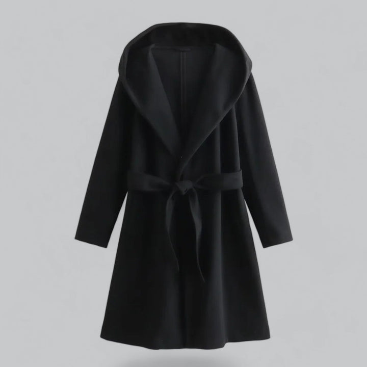 Drune | Damen Woll Winterjacke mit Kapuze und Gürtel im knielangen Stil