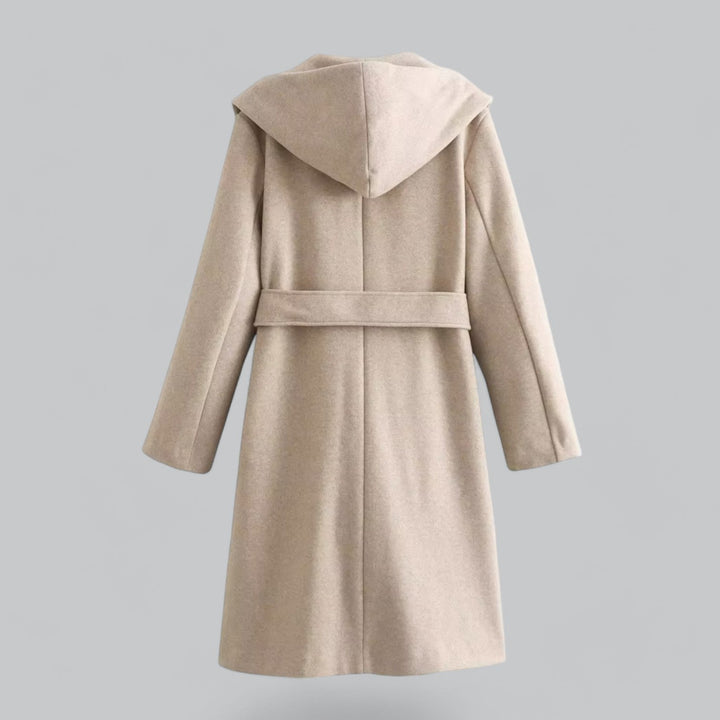 Drune | Damen Woll Winterjacke mit Kapuze und Gürtel im knielangen Stil