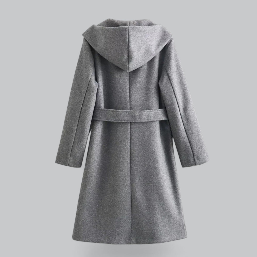 Drune | Damen Woll Winterjacke mit Kapuze und Gürtel im knielangen Stil