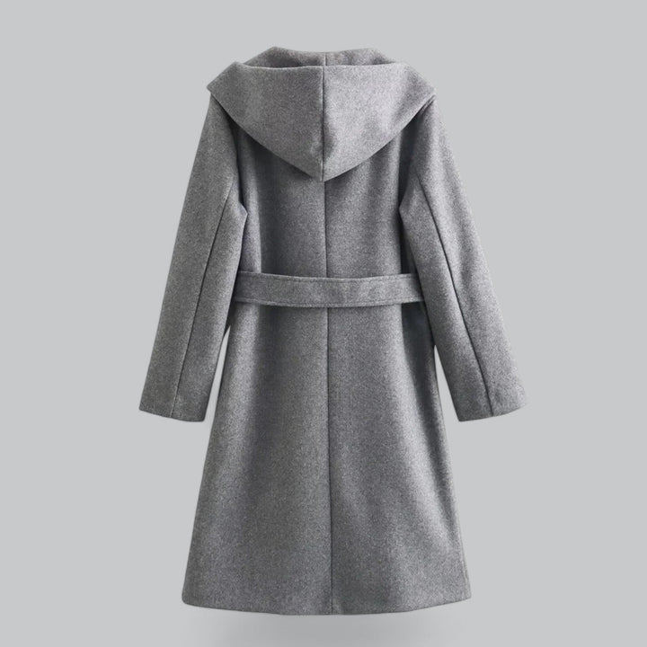 Drune | Damen Woll Winterjacke mit Kapuze und Gürtel im knielangen Stil