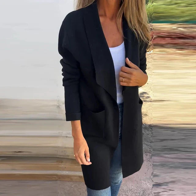 Drune | Damen Lange Elegante Jacke mit Offener Vorderseite und Taschen