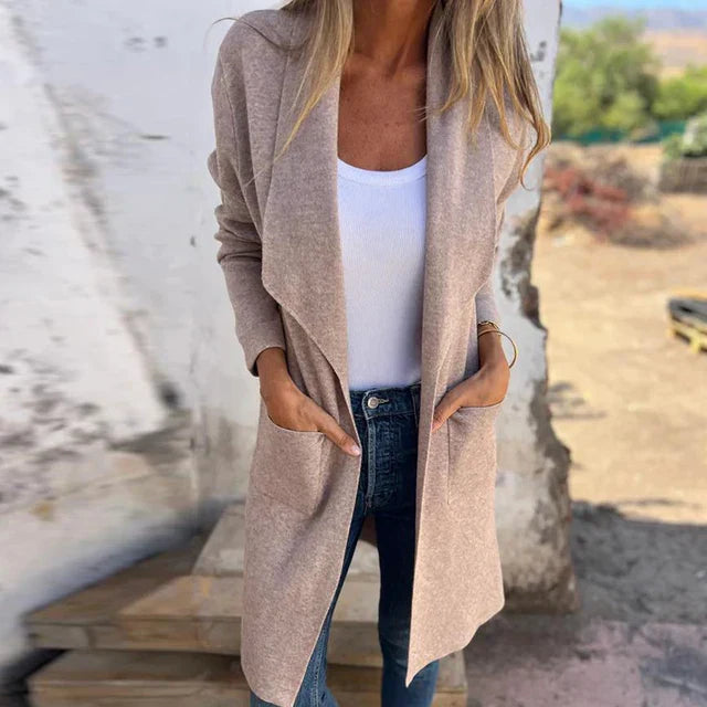 Drune | Damen Lange Elegante Jacke mit Offener Vorderseite und Taschen