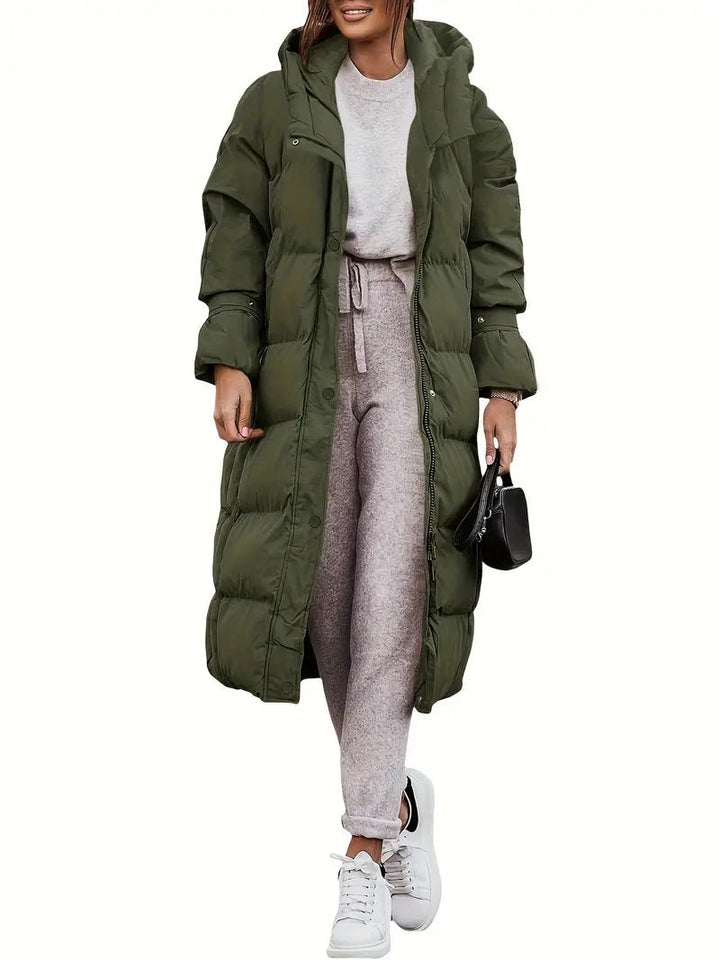 Drune | Damen Lange Pufferjacke mit Kapuze und Warm Gefüttertem Innenraum