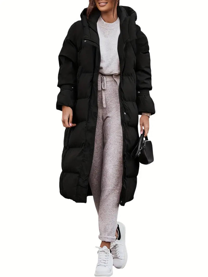 Drune | Damen Lange Pufferjacke mit Kapuze und Warm Gefüttertem Innenraum