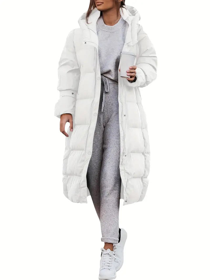 Drune | Damen Lange Pufferjacke mit Kapuze und Warm Gefüttertem Innenraum