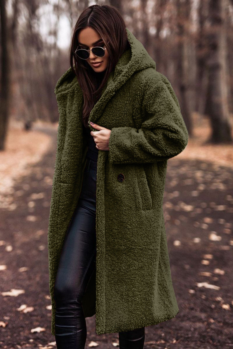 Drune | Damen Teddy Winterjacke Lang mit Kapuze und Weichem Futter