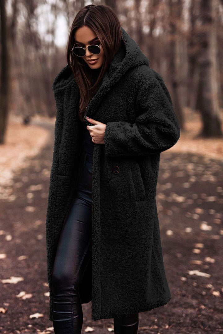 Drune | Damen Teddy Winterjacke Lang mit Kapuze und Weichem Futter