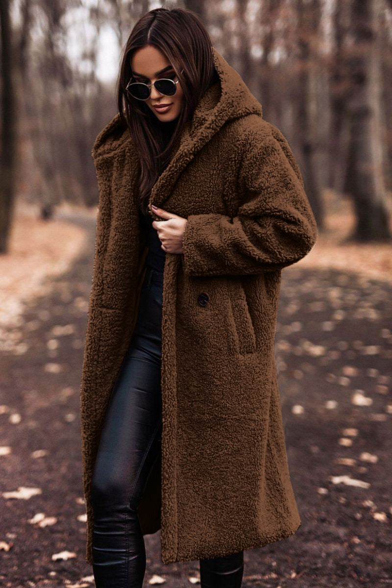 Drune | Damen Teddy Winterjacke Lang mit Kapuze und Weichem Futter
