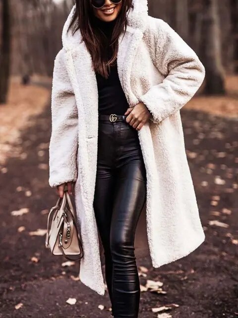 Drune | Damen Teddy Winterjacke Lang mit Kapuze und Weichem Futter