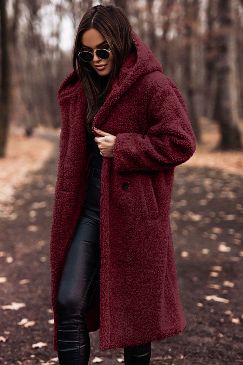 Drune | Damen Teddy Winterjacke Lang mit Kapuze und Weichem Futter