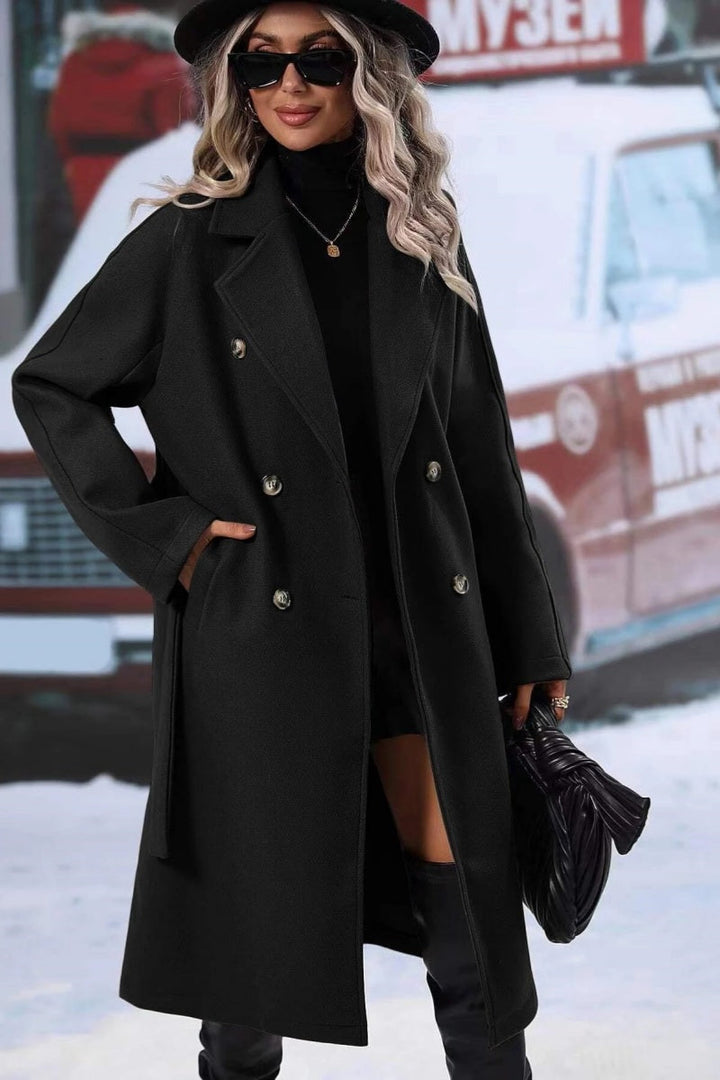 Drune | Damen Langer Wolltrenchcoat mit Doppelter Knopfleiste und Reverskragen