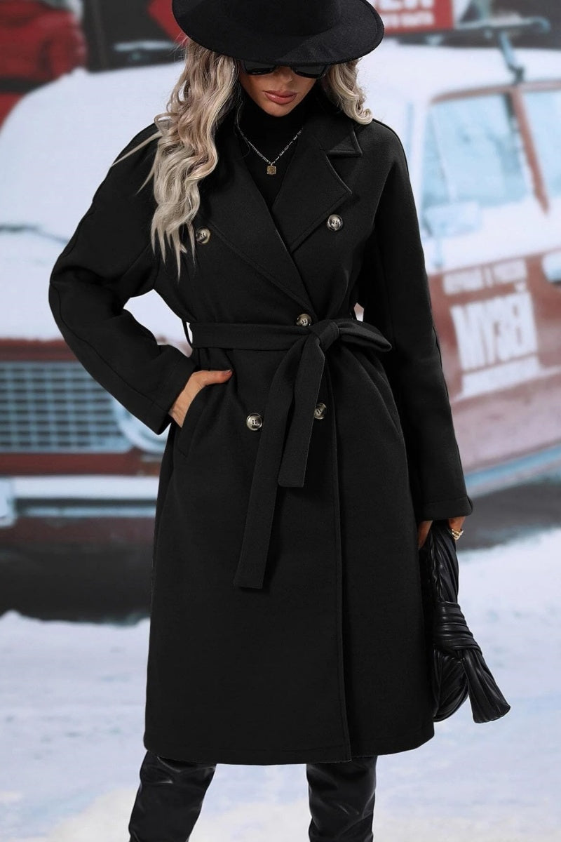 Drune | Damen Langer Wolltrenchcoat mit Doppelter Knopfleiste und Reverskragen