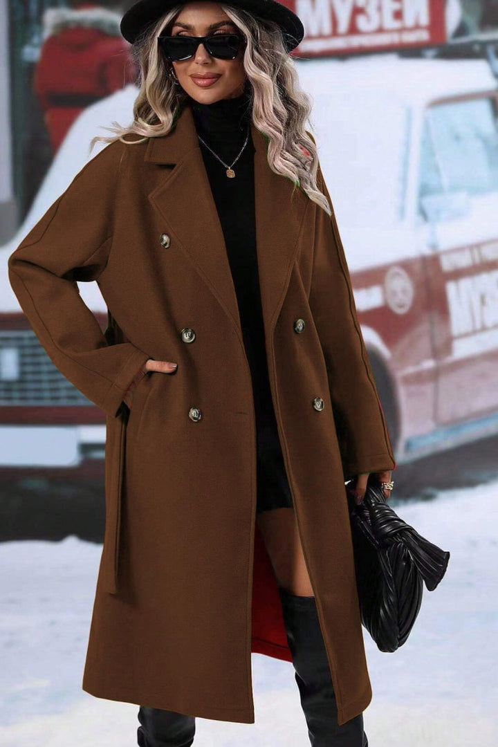 Drune | Damen Langer Wolltrenchcoat mit Doppelter Knopfleiste und Reverskragen