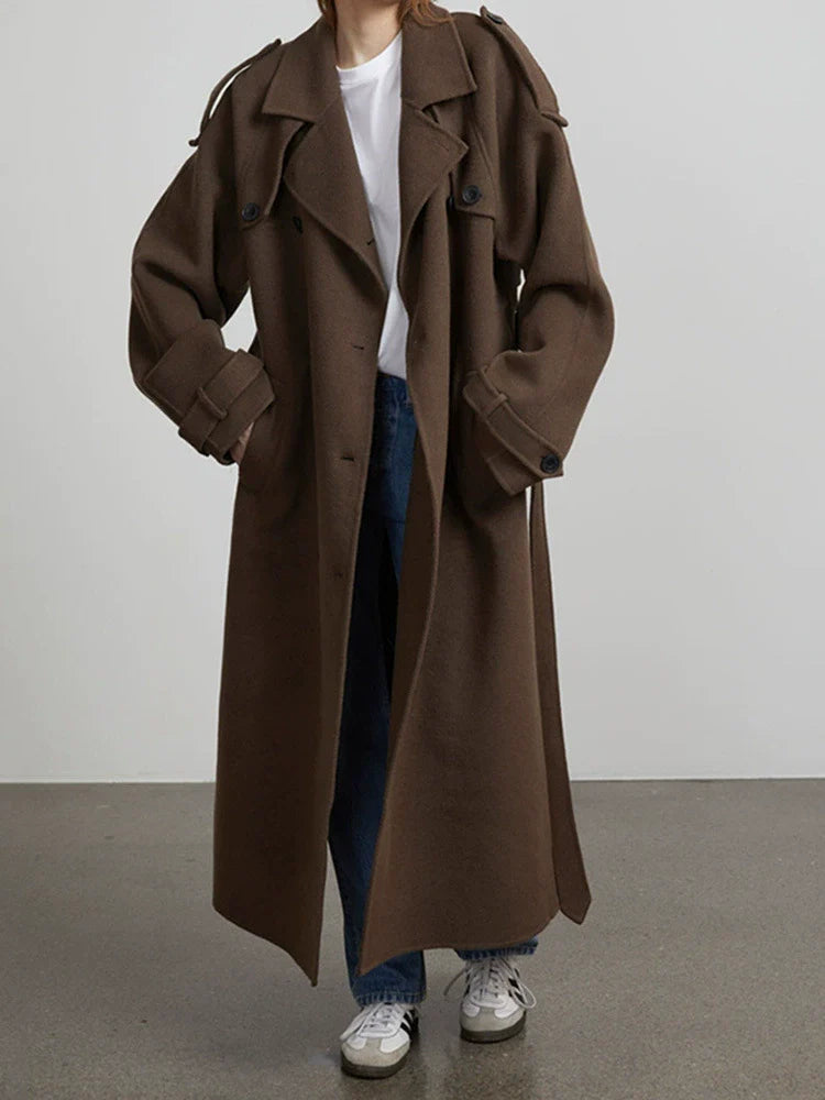 Drune | Damen Lange Oversized Trenchcoat mit Doppelter Knopfreihe und Taillengurt