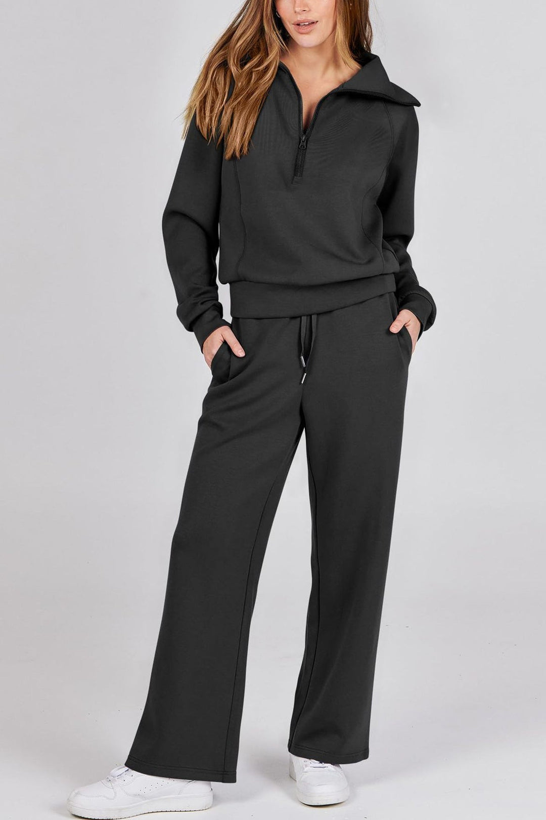 Drune | Langes Hosen-Set mit weitem Bein und Revers-Reißverschluss-Sweatshirt