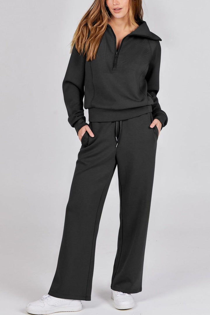 Drune | Langes Hosen-Set mit weitem Bein und Revers-Reißverschluss-Sweatshirt