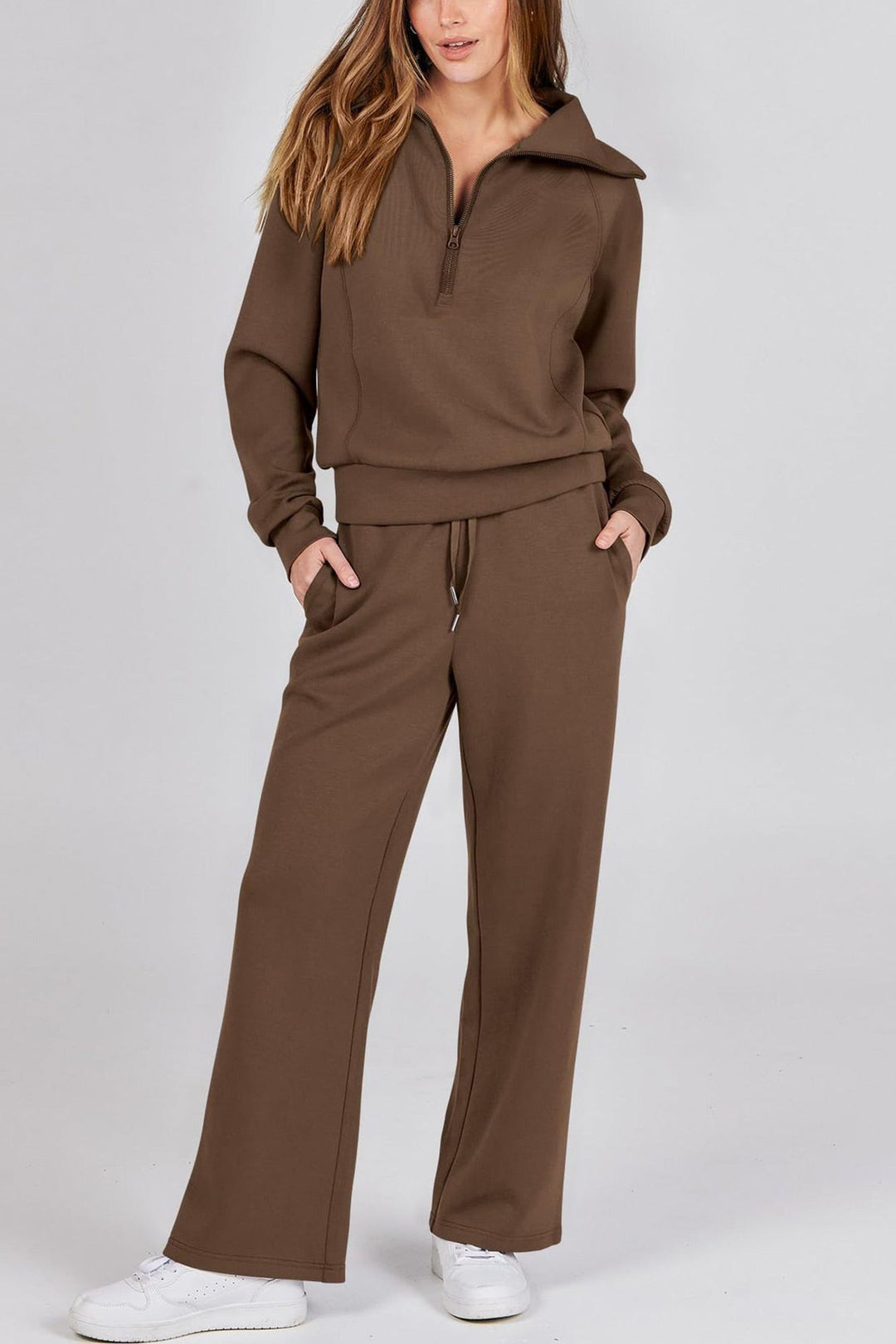 Drune | Langes Hosen-Set mit weitem Bein und Revers-Reißverschluss-Sweatshirt