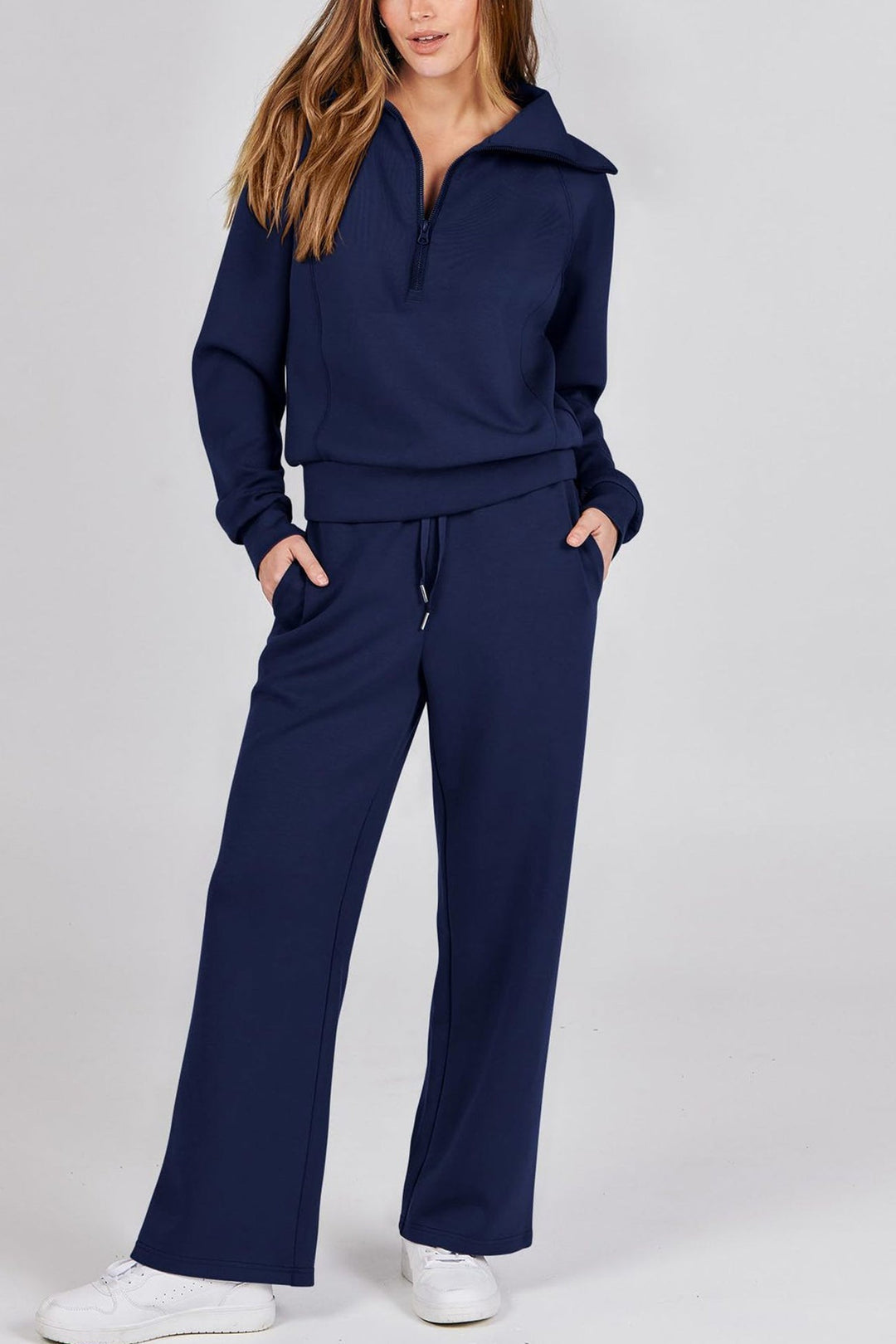 Drune | Langes Hosen-Set mit weitem Bein und Revers-Reißverschluss-Sweatshirt