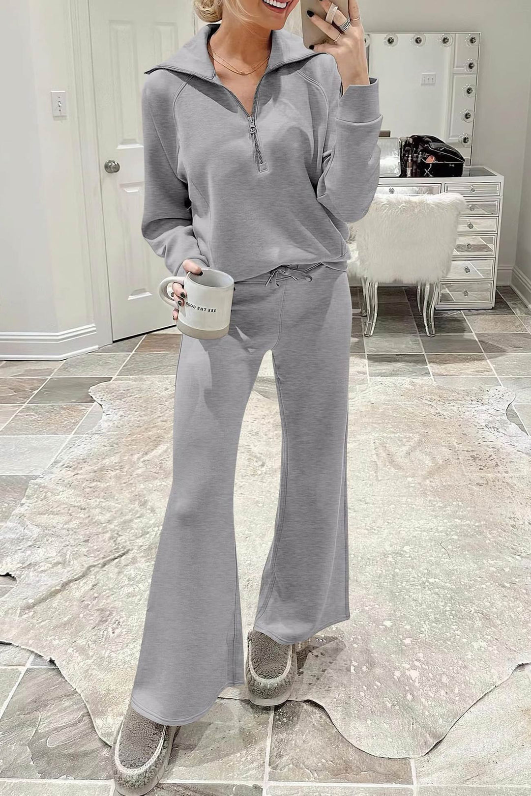 Drune | Langes Hosen-Set mit weitem Bein und Revers-Reißverschluss-Sweatshirt