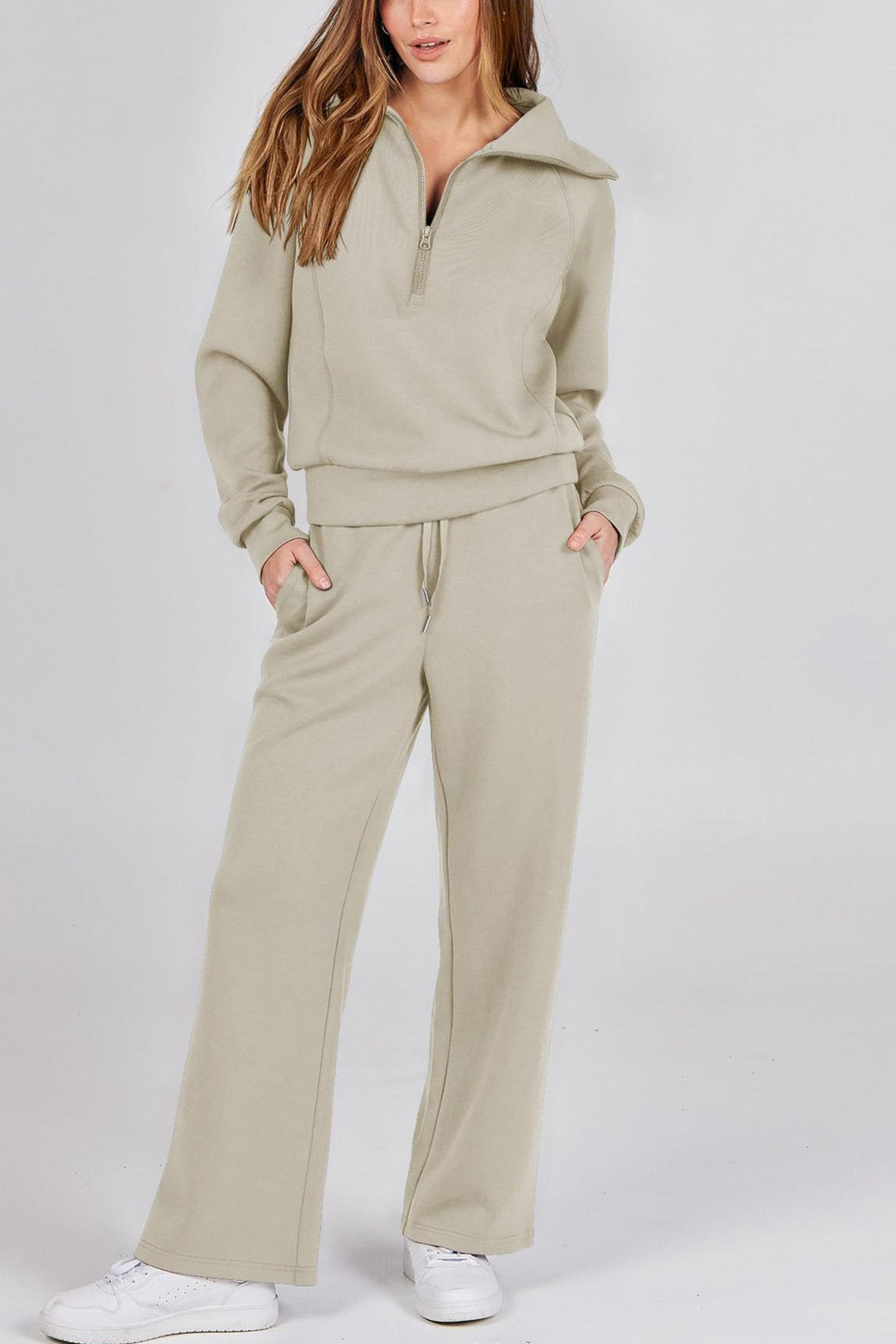 Drune | Langes Hosen-Set mit weitem Bein und Revers-Reißverschluss-Sweatshirt
