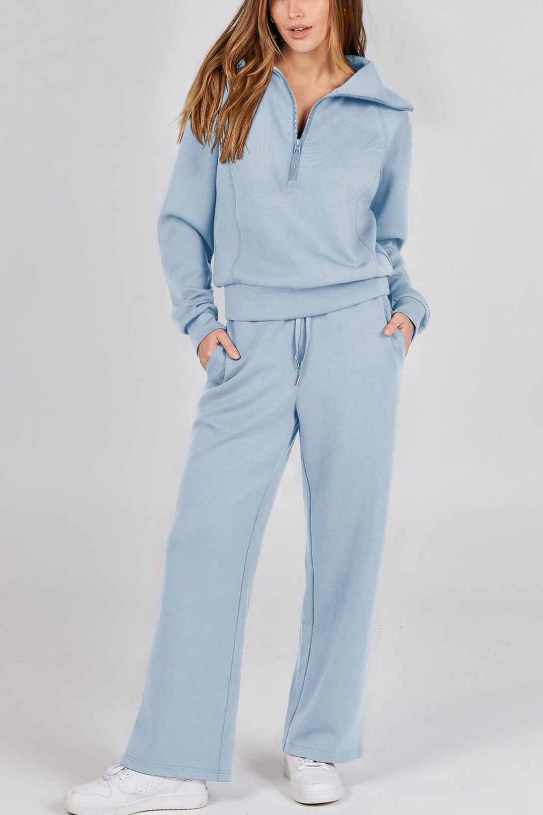 Drune | Langes Hosen-Set mit weitem Bein und Revers-Reißverschluss-Sweatshirt