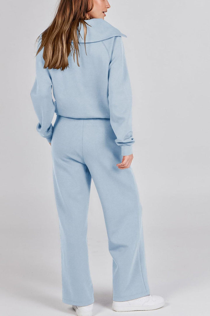 Drune | Langes Hosen-Set mit weitem Bein und Revers-Reißverschluss-Sweatshirt