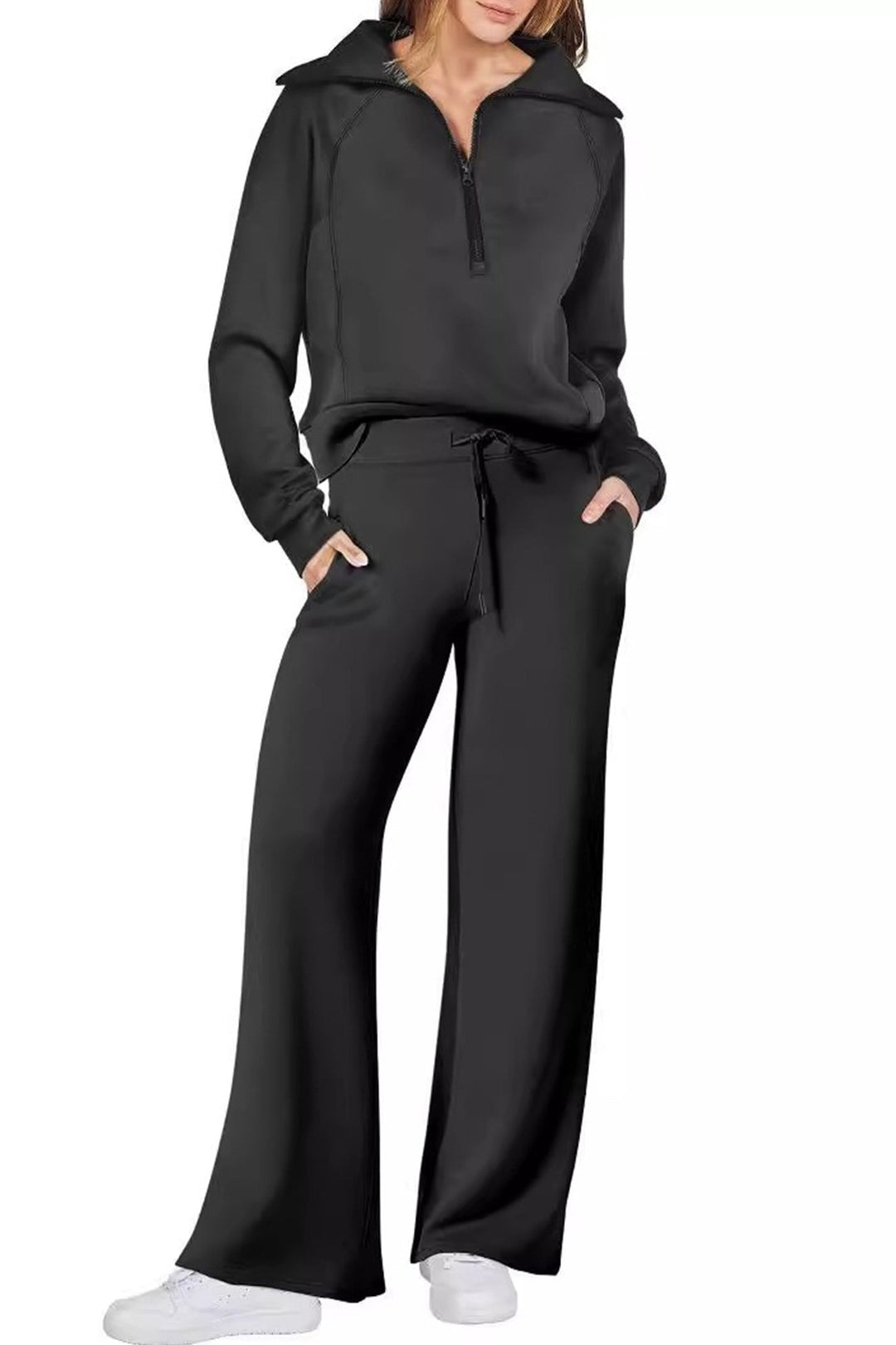 Drune | Langes Hosen-Set mit weitem Bein und Revers-Reißverschluss-Sweatshirt
