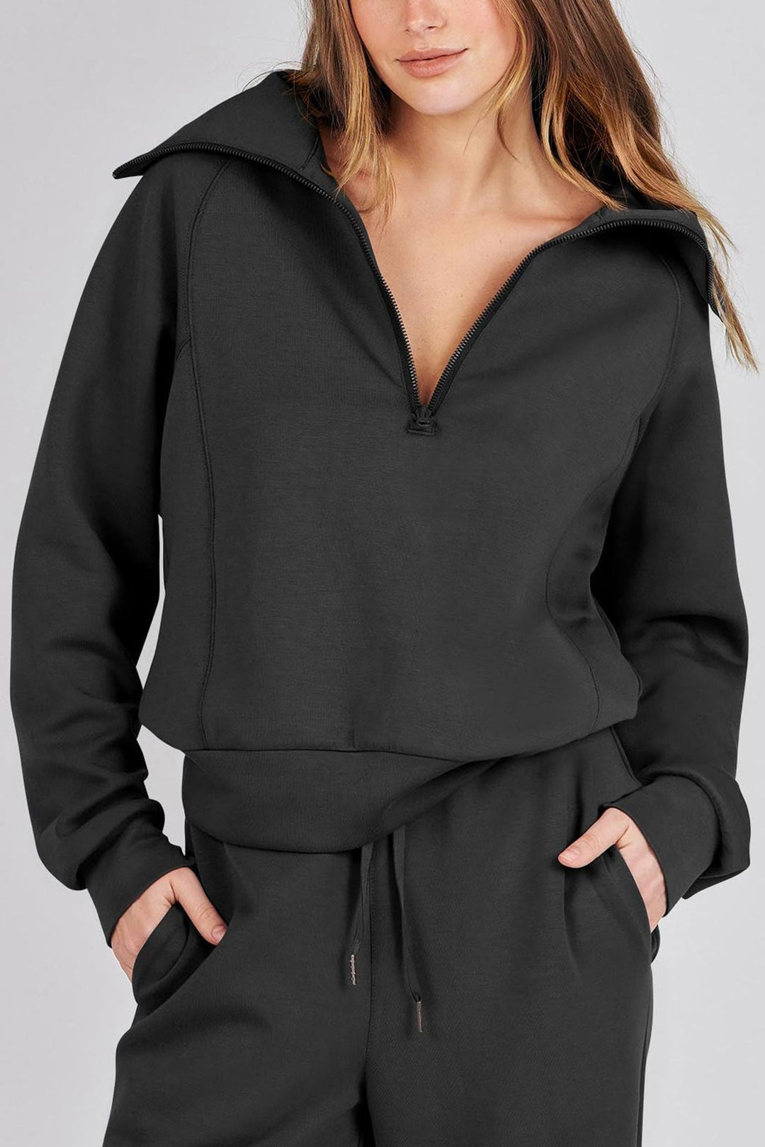 Drune | Langes Hosen-Set mit weitem Bein und Revers-Reißverschluss-Sweatshirt
