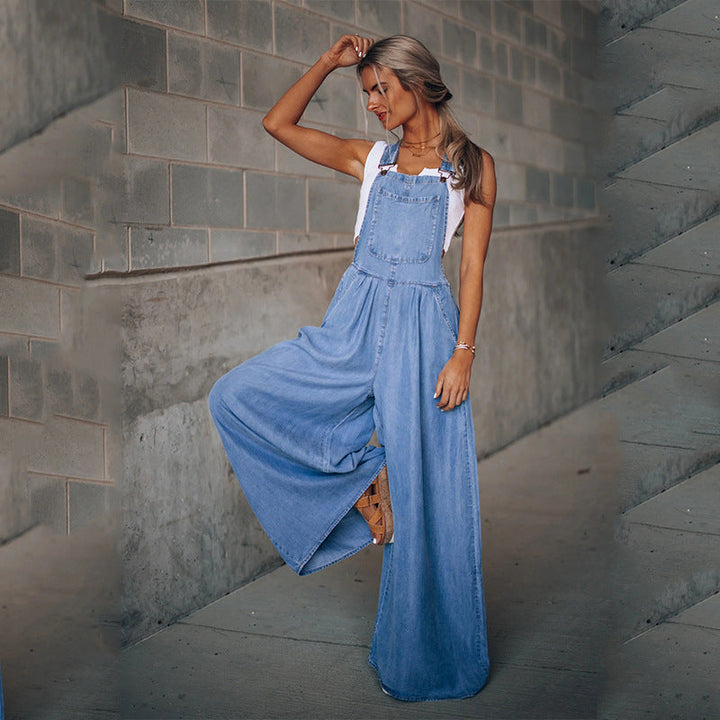 Drune | mit weitem Bein ärmellos lockere Passform Denim Overall Jumpsuit für Frauen