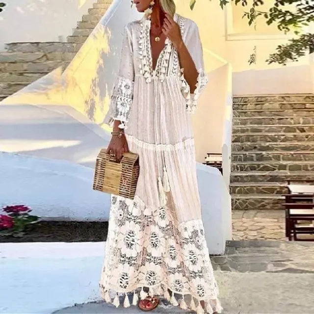 Drune | Langes Boho-Kleid Mit Spitze Und Quasten