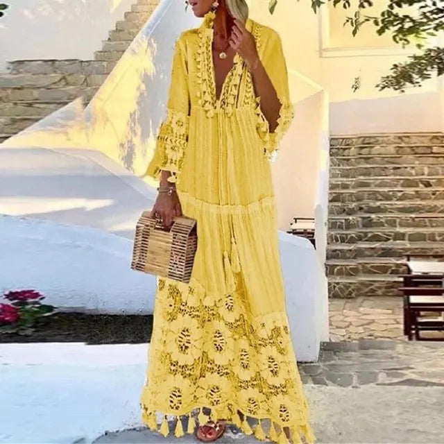 Drune | Langes Boho-Kleid Mit Spitze Und Quasten