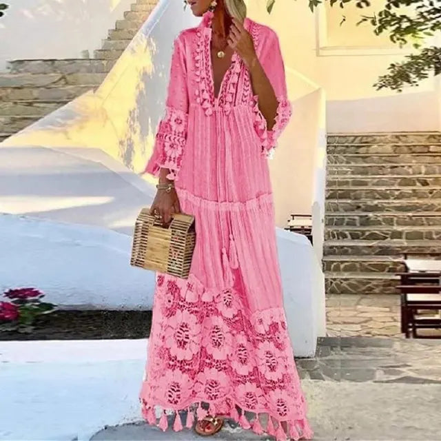 Drune | Langes Boho-Kleid Mit Spitze Und Quasten