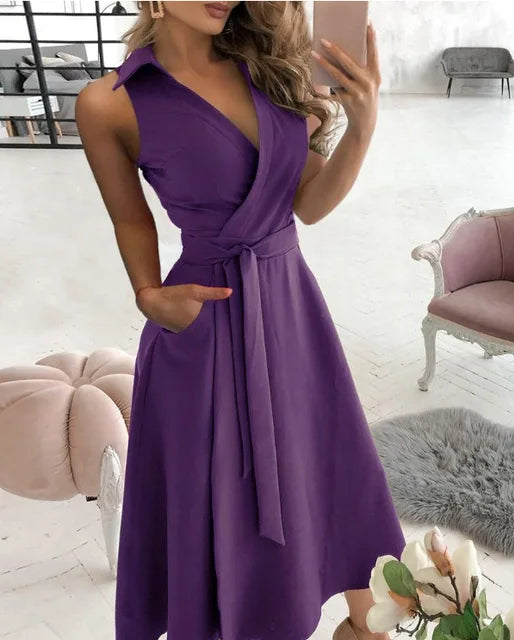 Drune | Wickelkleid Ärmelloses Kragenloses Design Vorteilhaftes Taillenband Knielang