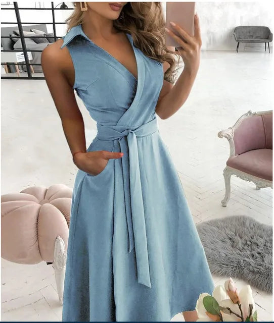 Drune | Wickelkleid Ärmelloses Kragenloses Design Vorteilhaftes Taillenband Knielang