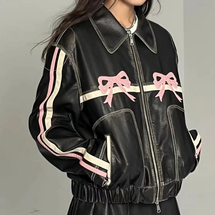 Drune | Schleifenprint Retro Bikerjacke Leder Damenjacke