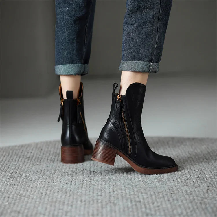 Lederstiefel | Blockabsatz | Schmale Knöchel | Absatzstiefel | Damenstiefel Drune