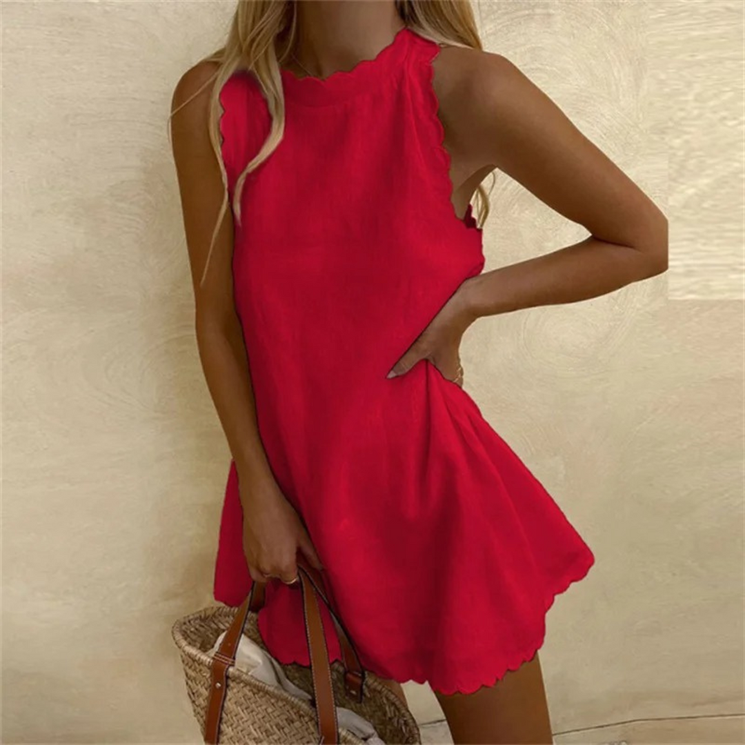 Drune | Leinenkleid mit Roter Baumwolle und Rundhals