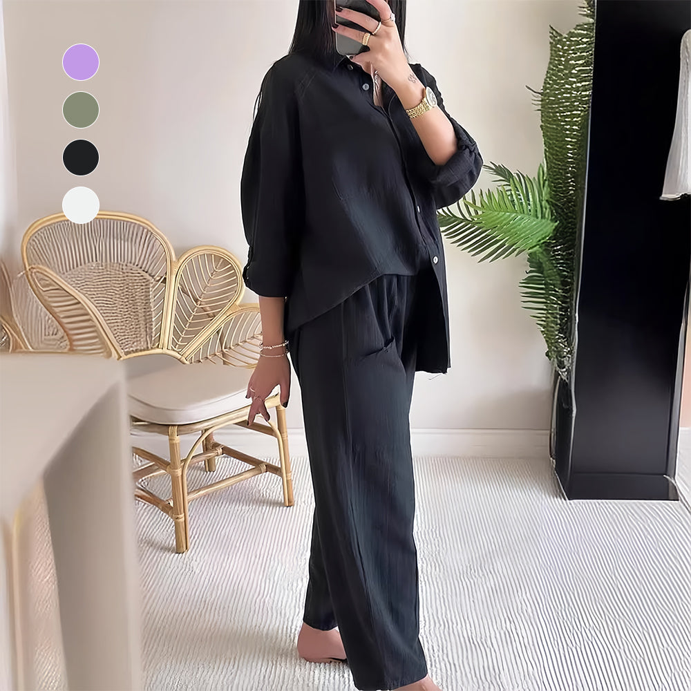 Drune | Langarm-Set aus Hemd und Hose aus Baumwolle und Leinen für Damen
