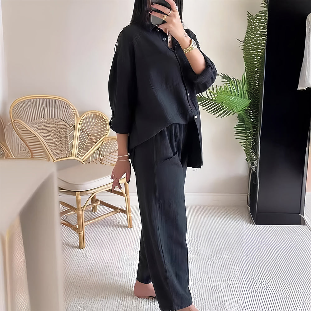 Drune | Langarm-Set aus Hemd und Hose aus Baumwolle und Leinen für Damen